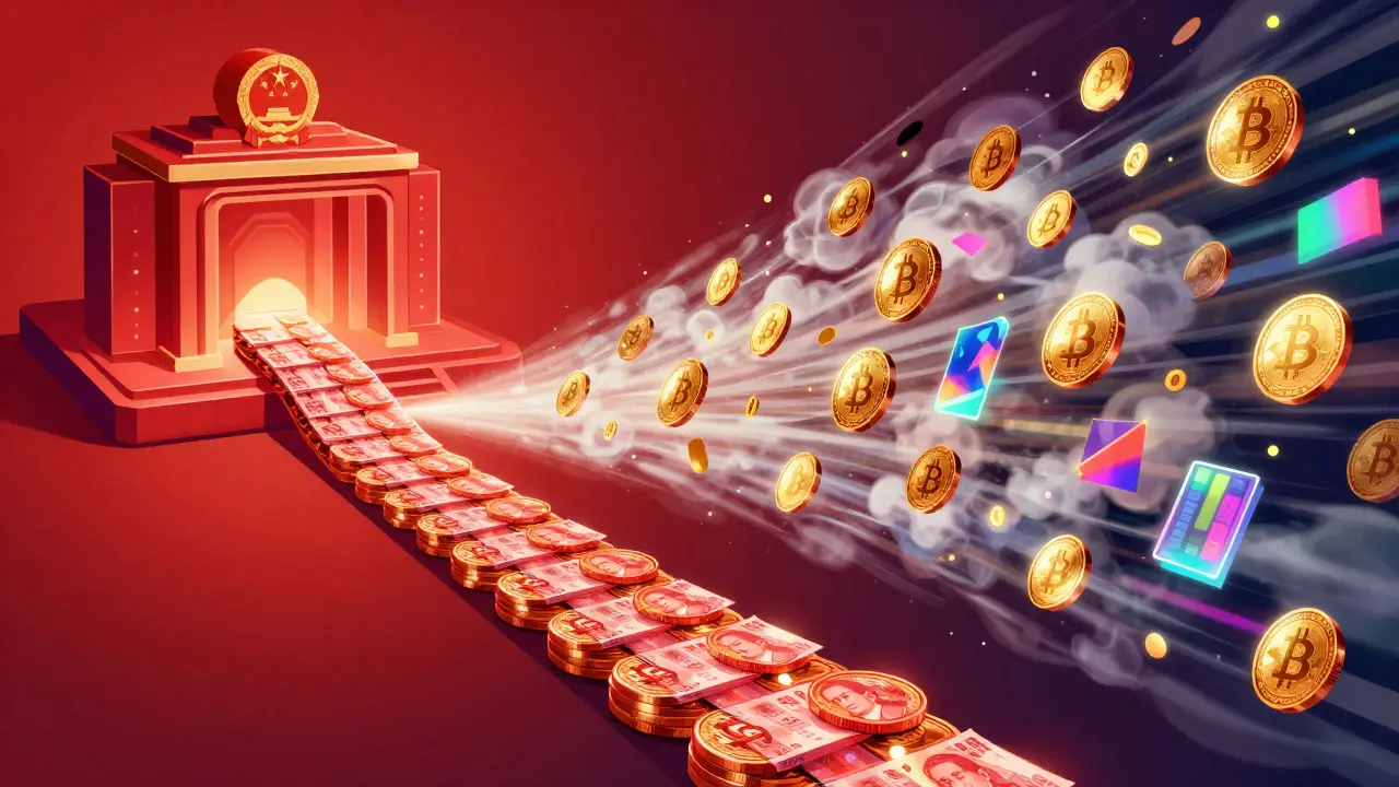 Orderly red digital yuan coins contrasting with chaotic, disappearing cryptocurrencies.
