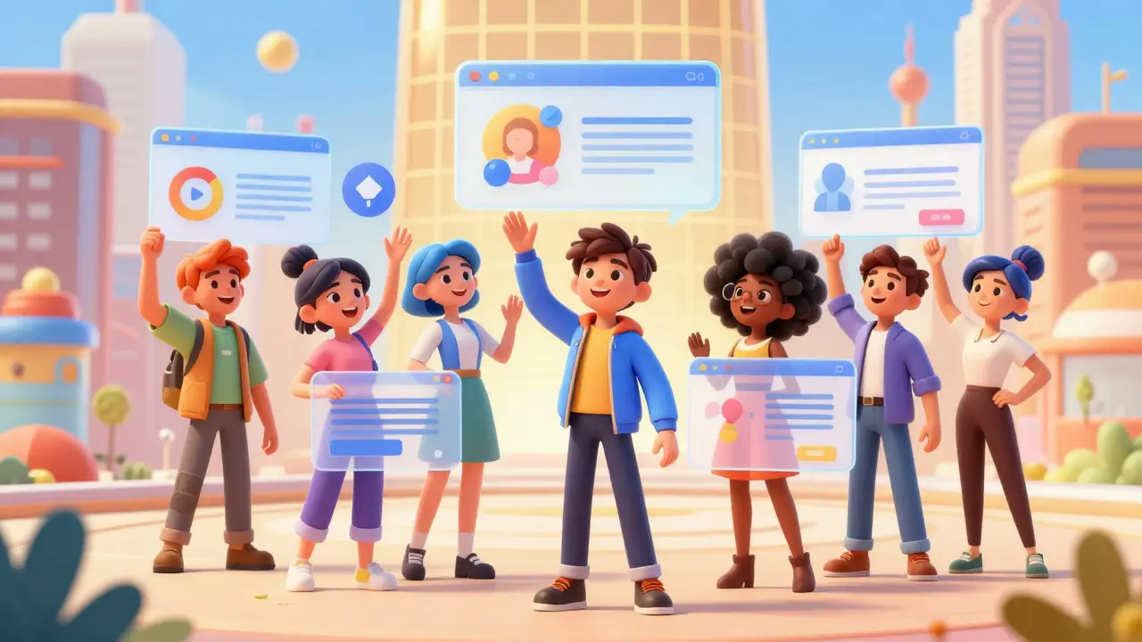 People using holographic interfaces in a bright, decentralized futuristic city supported by a gold grid.