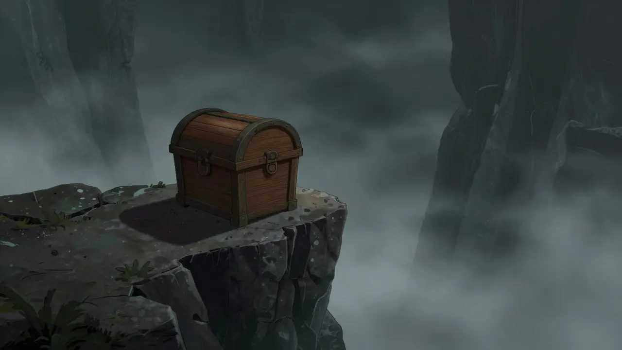 Small treasure chest on an unstable cliff edge amidst thick mist.