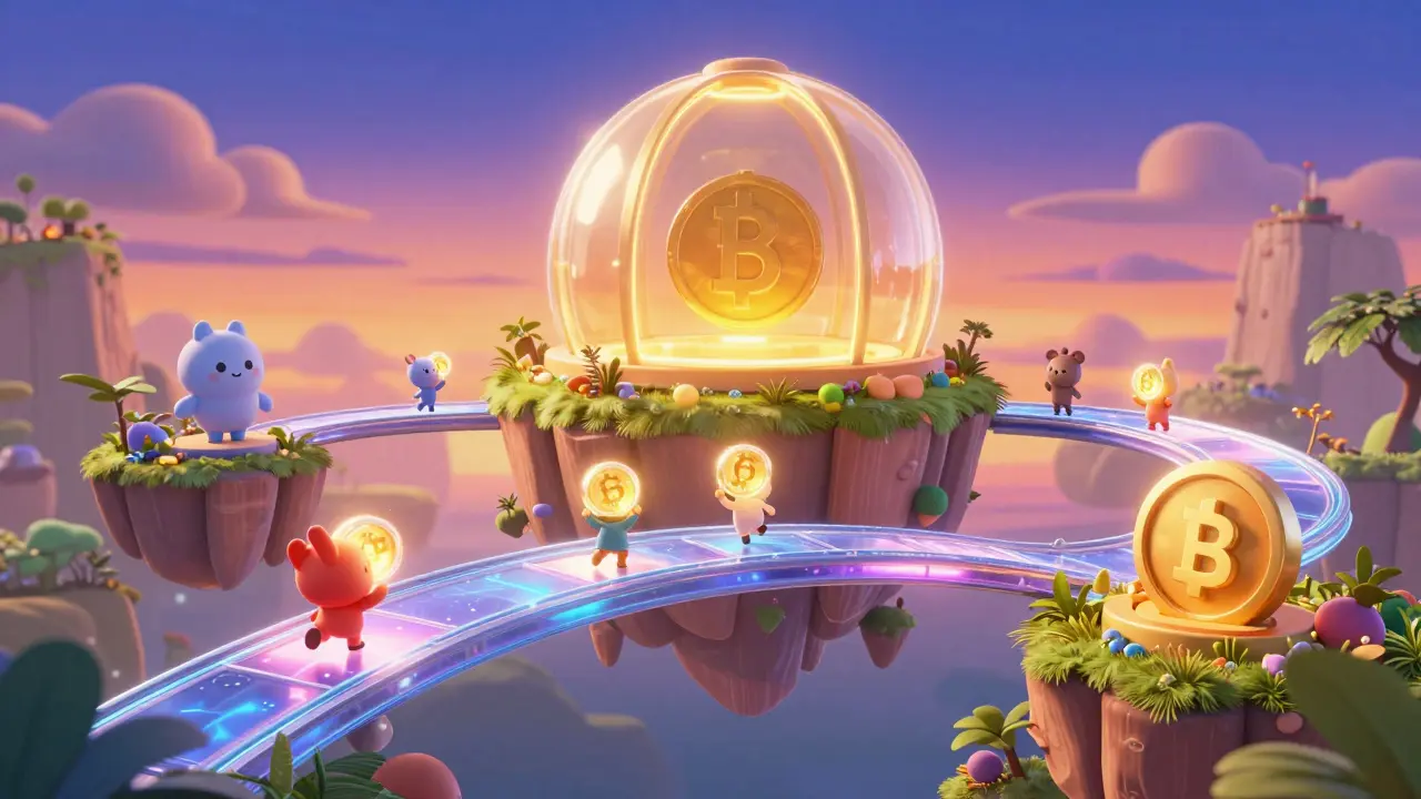 Stylized characters crossing shimmering light bridges between floating digital islands.