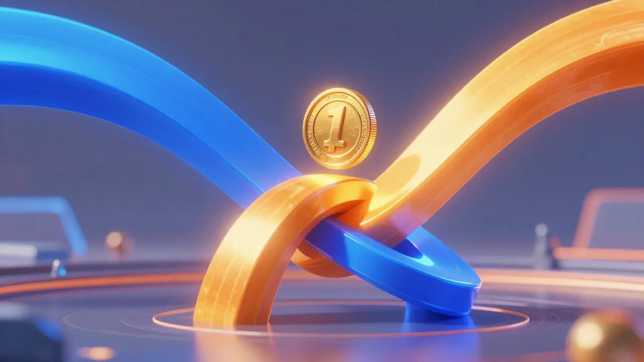 Two colored energy pillars merge to support a floating gold coin.