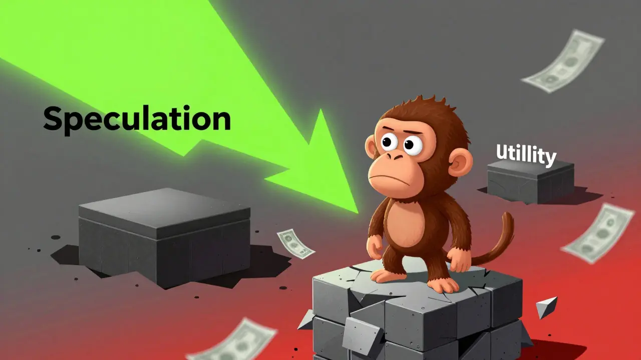 A cartoon ape on a collapsing platform symbolizing volatile NFT token values.