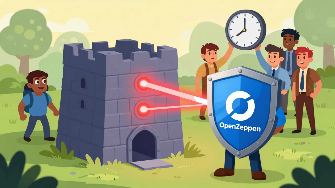 A developer protected by a security shield and timelock, defending against threats.