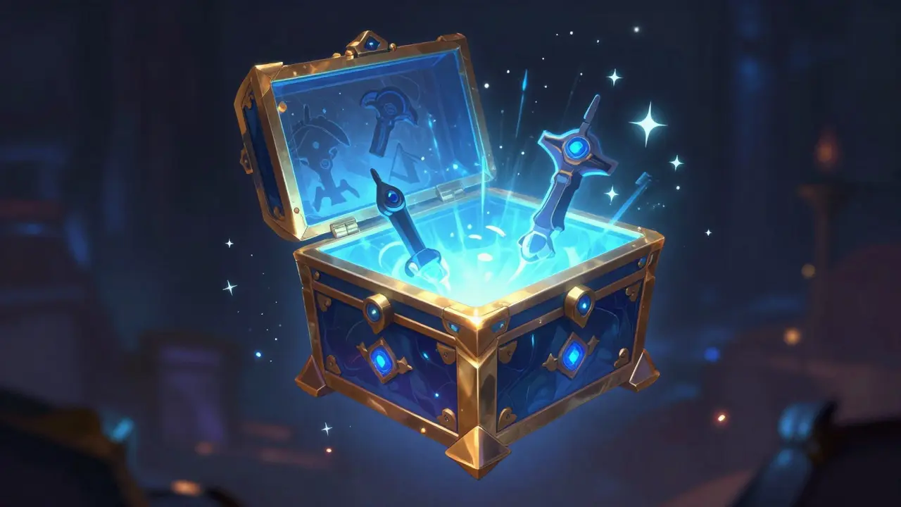 A glowing, ornate NFT weapon box floating in a magical setting.