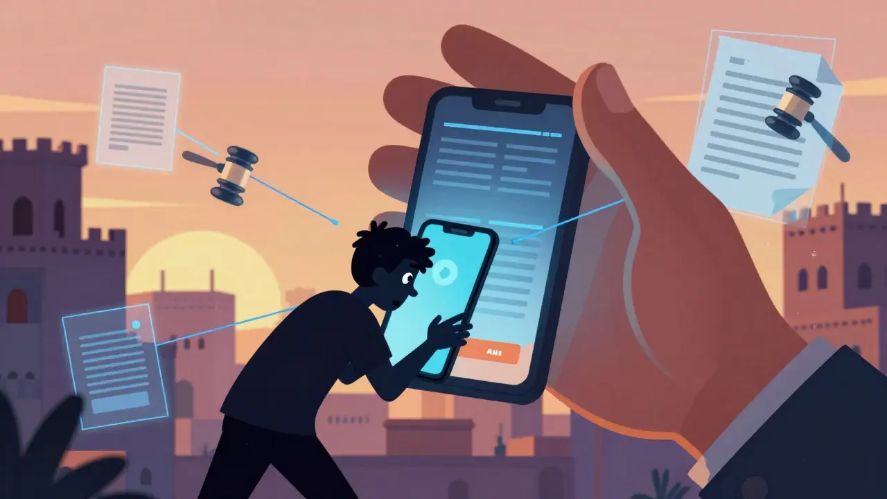 A person shields their phone from a giant government hand in a stylized North African city.
