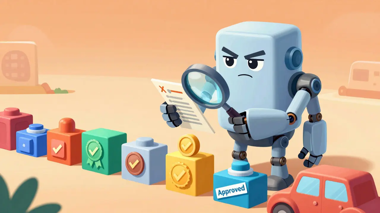 A robot gatekeeper inspecting exchange platforms for approval in a cartoon style.