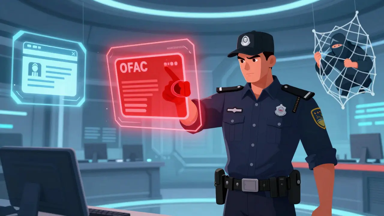 An enforcer freezes a holographic crypto wallet, symbolizing global sanctions and asset seizure.