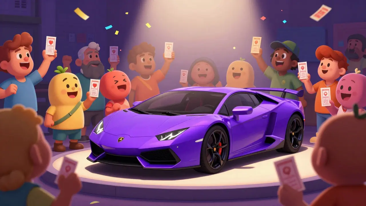 Animated crowd cheering around a luxury car prize in a token-holding lottery contest.