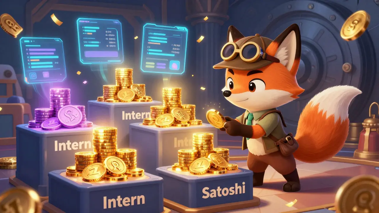Animated fox character inspecting tiered piles of glowing ORFY coins in a digital vault