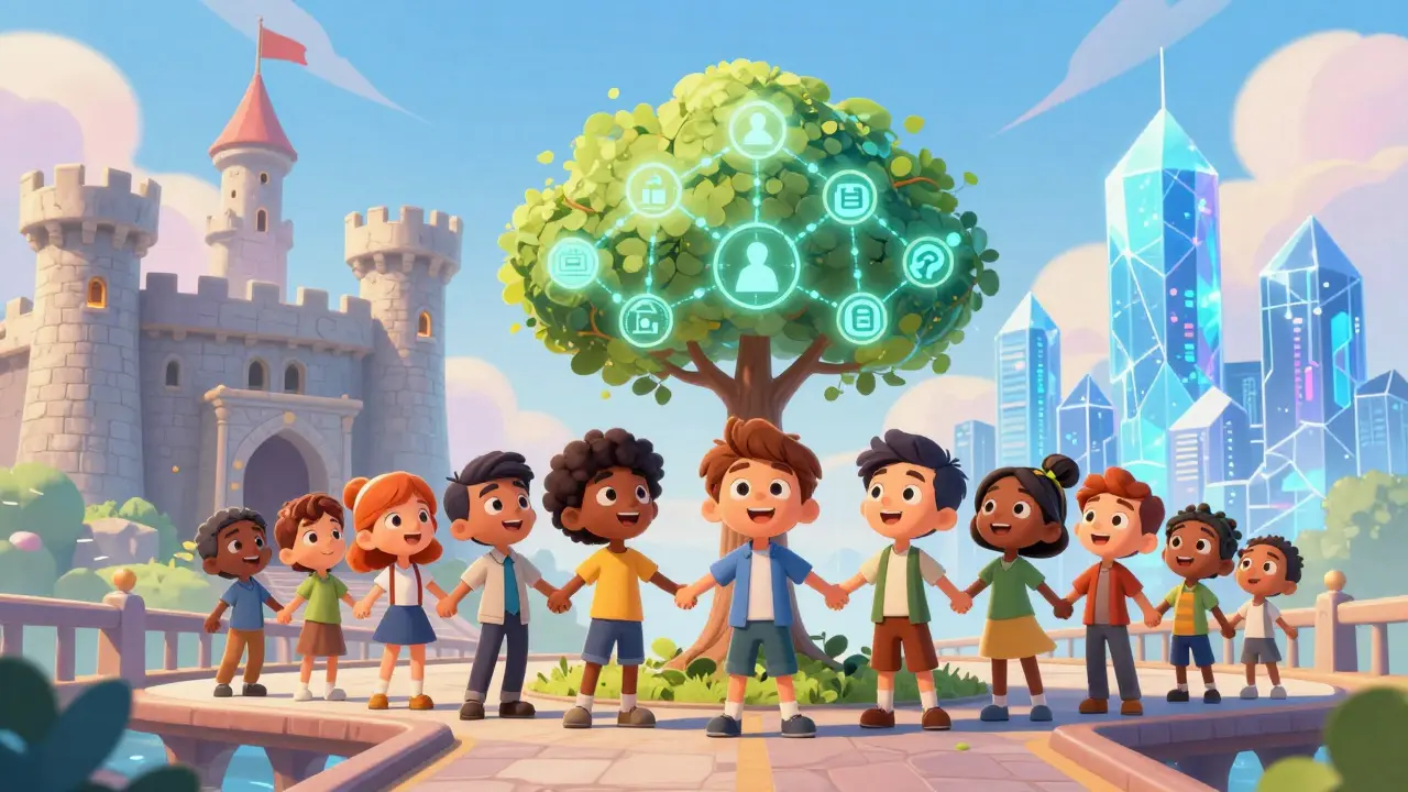 Avatars bridging traditional finance and crypto on a glowing path