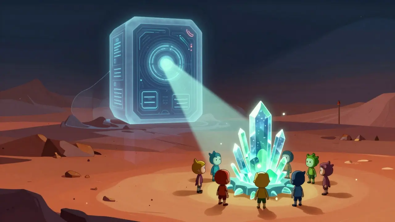 Blockchain characters preparing a crystal defense against a looming quantum threat