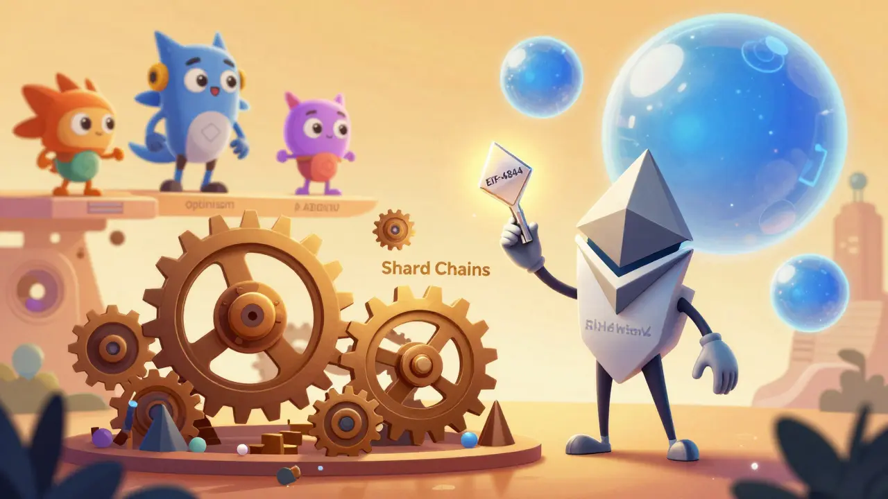 Cartoon depiction of Ethereum shifting from complex shards to simple data blobs.