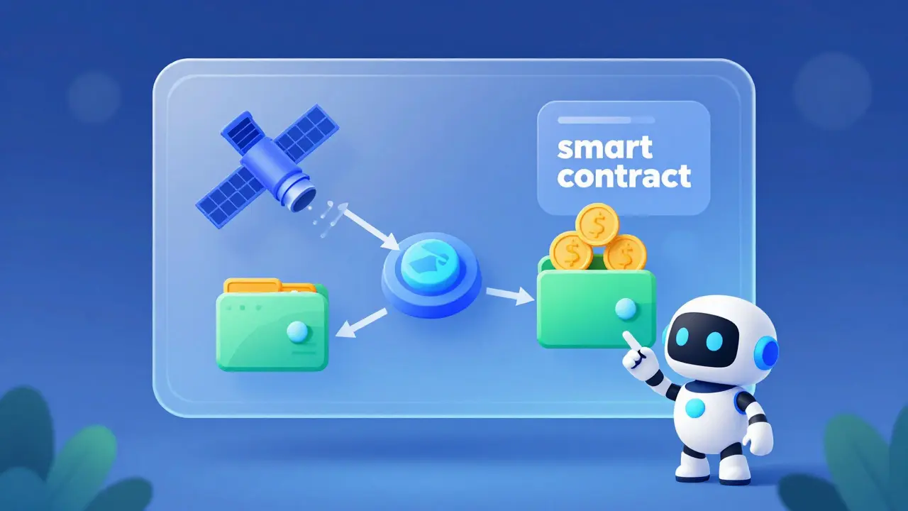 Cartoon graphic showing automated smart contract data flow