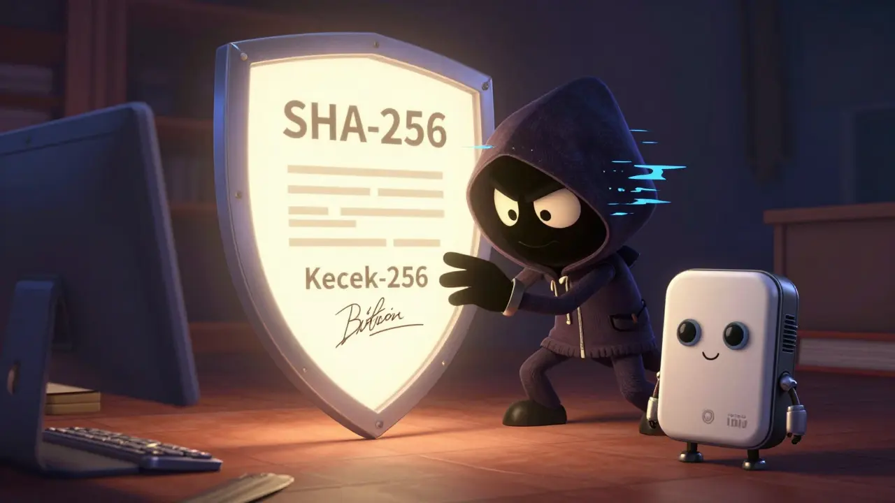 Cartoon hacker blocked by crypto shields while a robot wallet guards the data