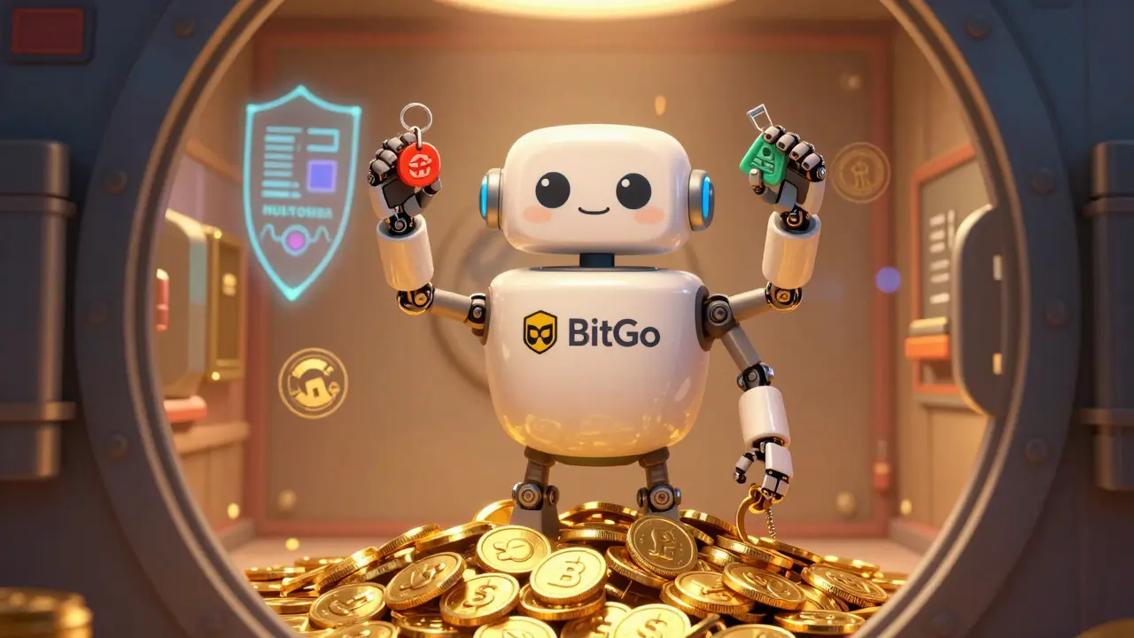 Cartoon robot custodian guarding gold coins with multiple keys for security.