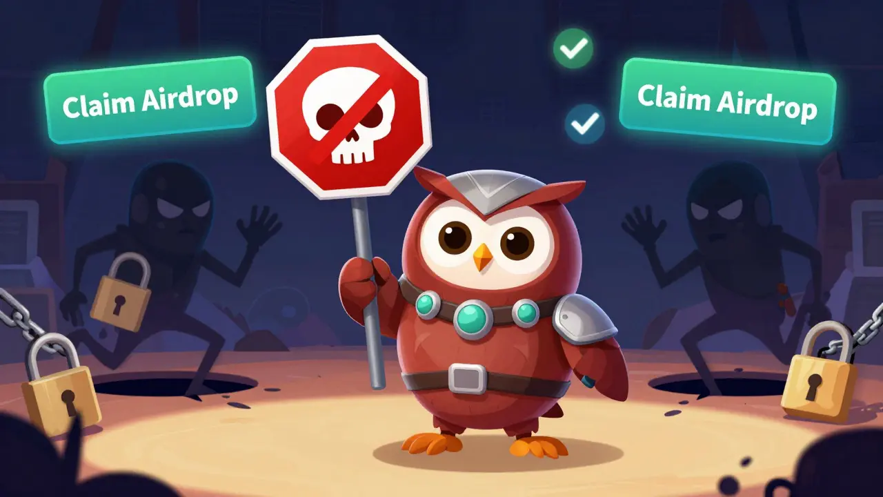 Cartoon security hero warning against fake airdrop scams with a stop sign
