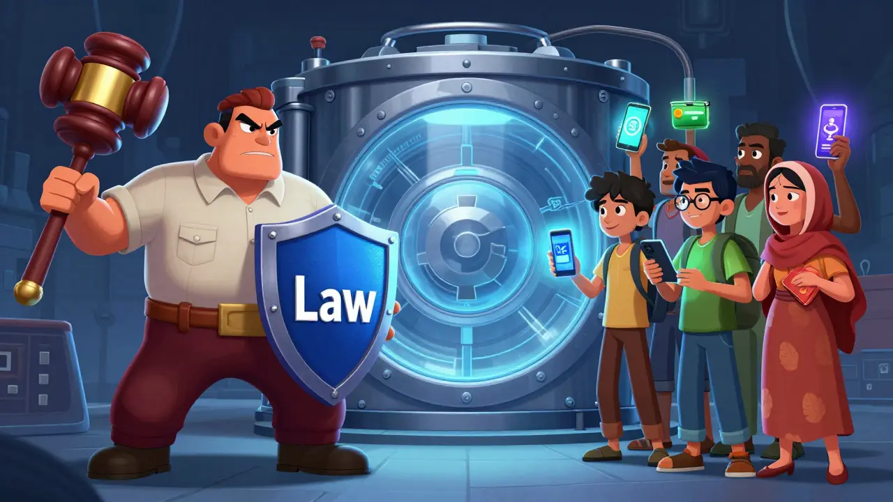 Cartoon standoff between central bank authority and crypto users