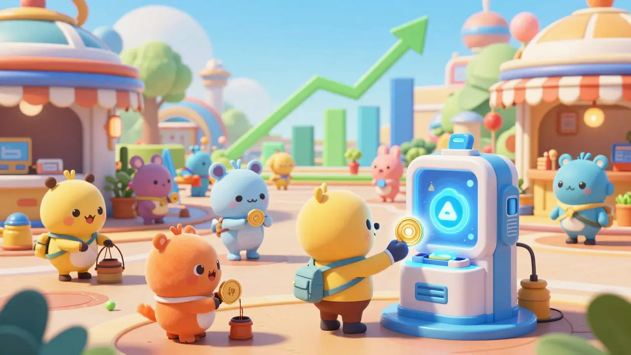 Characters using utility tokens in a vibrant digital marketplace