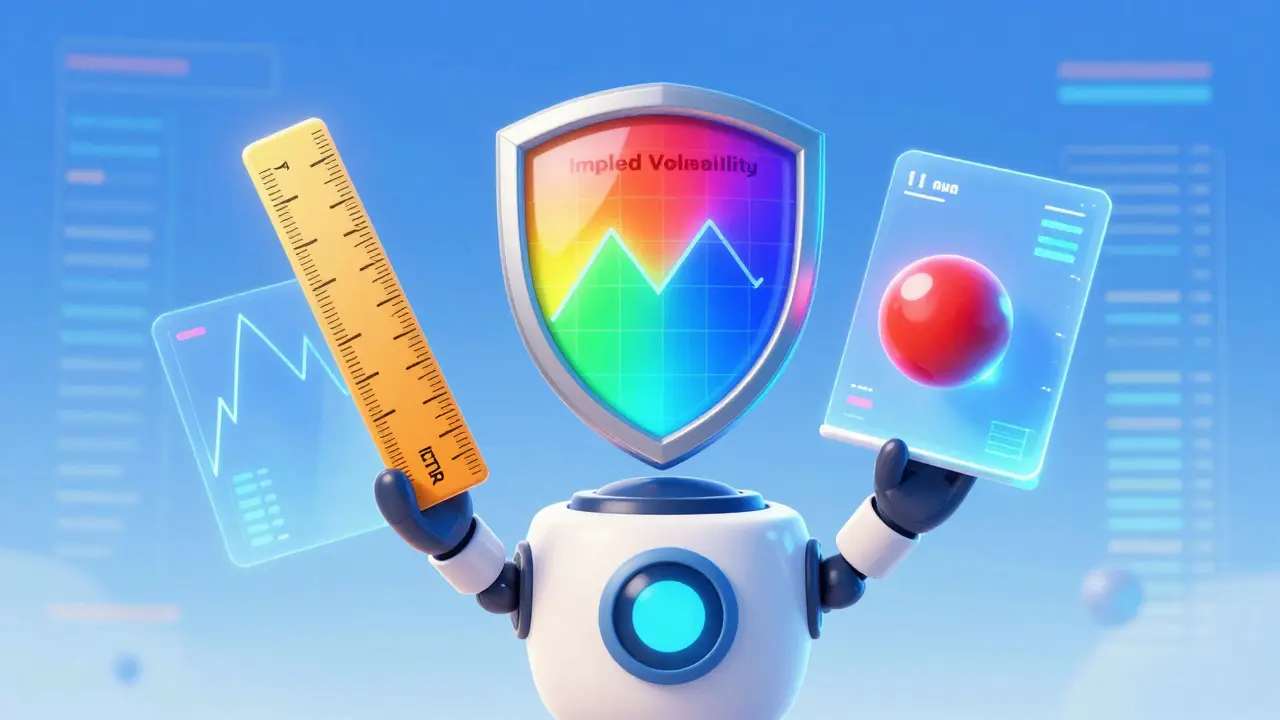 Cute robot holding glowing tools for measuring market volatility