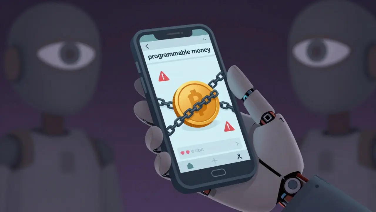 Digital wallet on phone with chains and watching eyes, symbolizing CBDC surveillance and restrictions.