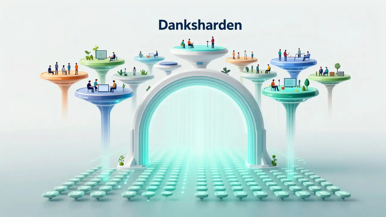 DreamWorks-style scene of efficient Layer 2 networks supported by a secure data layer.
