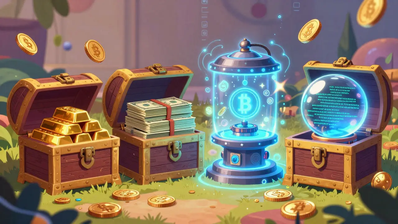 Four illustrated vaults representing fiat, crypto, commodity, and algorithmic stablecoins