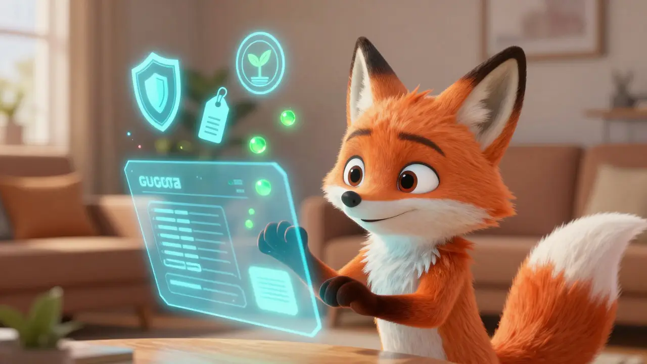 Fox character manages crypto staking rewards and governance via hologram interface.