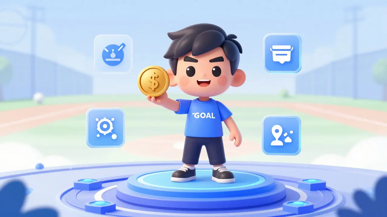 Friendly avatar on blockchain platform with gaming and governance icons floating
