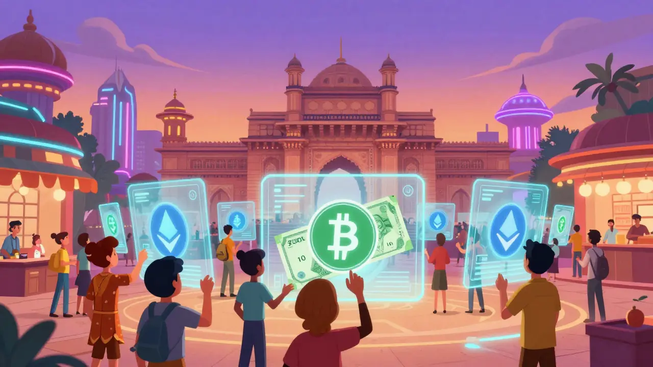Futuristic Indian digital marketplace with crypto trading interfaces