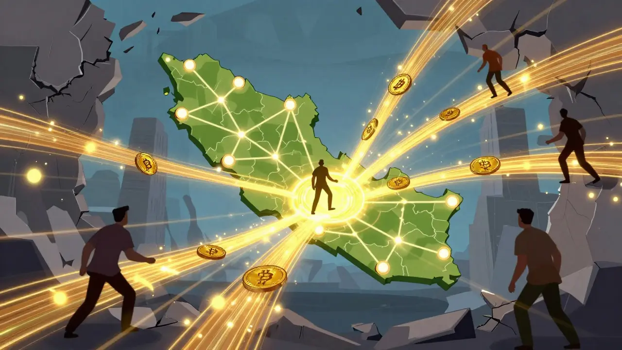 Glowing digital threads connecting Nepal to global workers for remittances
