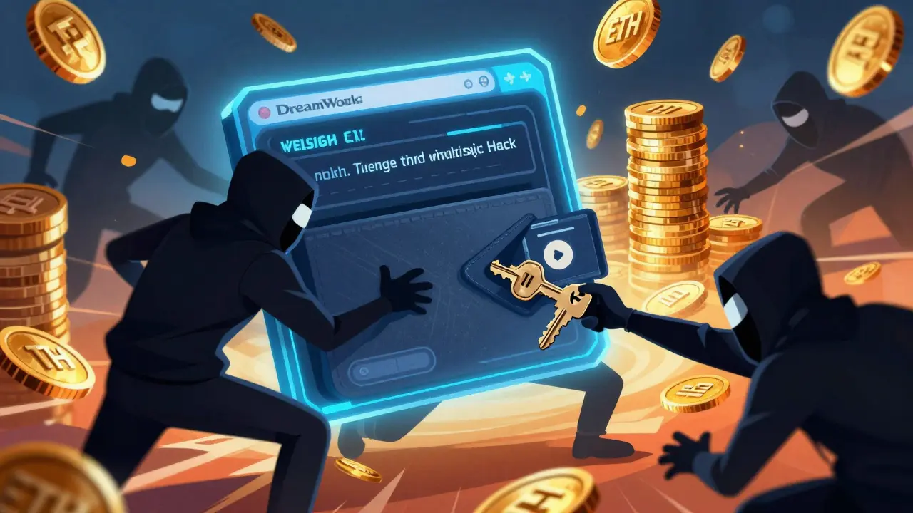 Hackers stealing keys from a digital wallet, illustrating the Parity multisig hack.