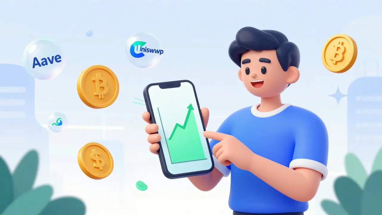 Happy character earning yields with floating DeFi tokens in a colorful digital space.