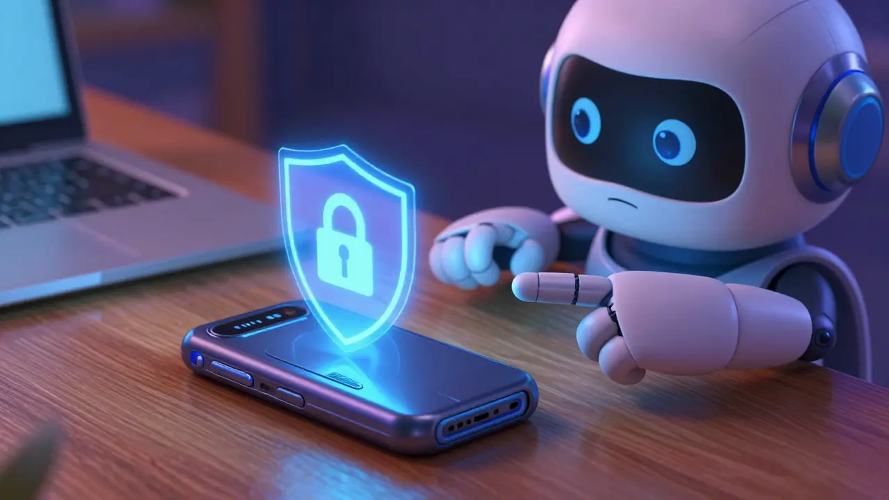 Hardware wallet with glowing security shield and helper robot
