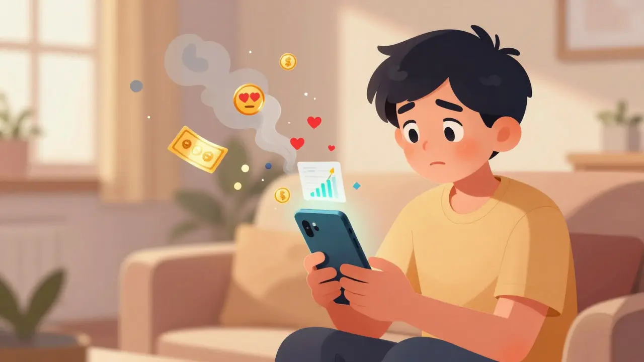 Illustration of a victim being emotionally manipulated by a crypto scammer via smartphone.