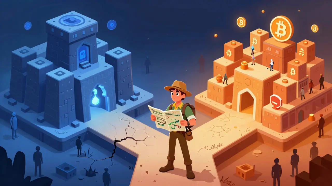 Illustration of an explorer navigating risky paths between Bitcoin and Ethereum blockchains