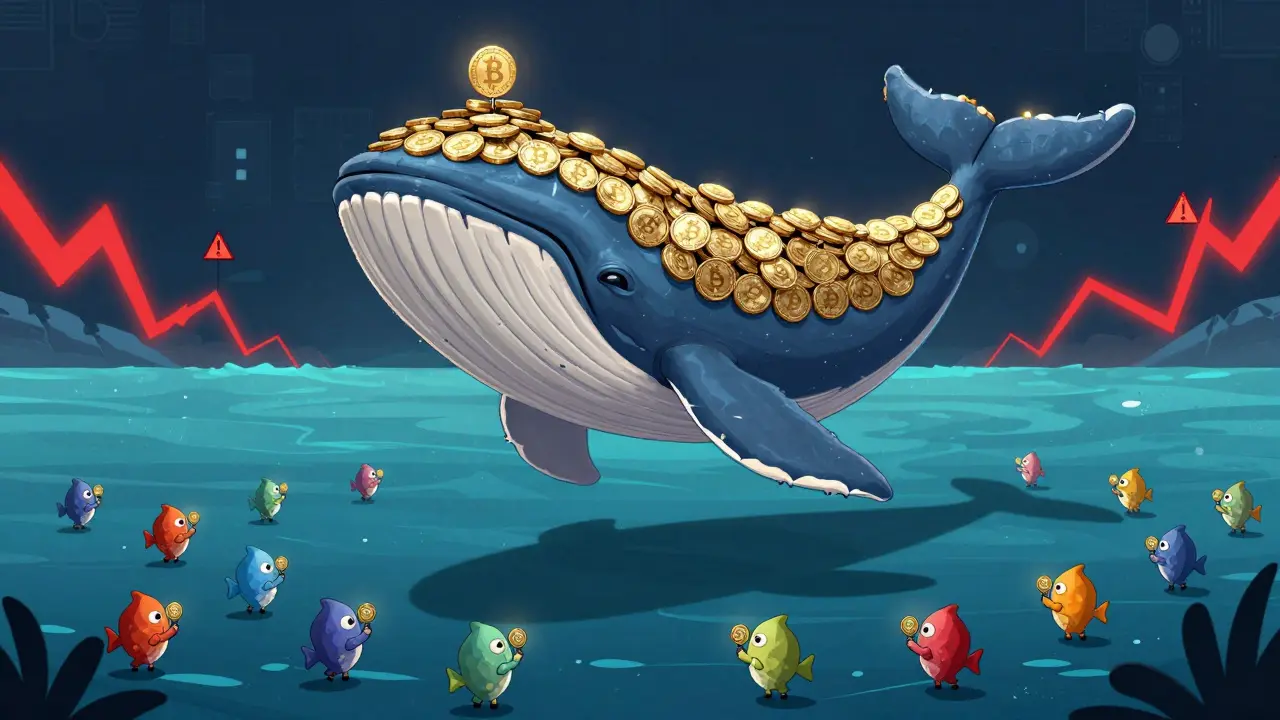 Large coin-whale overshadowing small token-holders in a digital sea