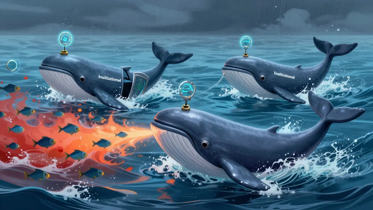 Large metallic whales swimming calmly through chaotic crypto waves