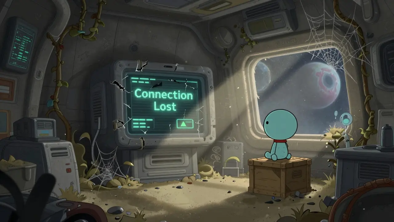 Lonely cartoon alien sitting in a dusty, abandoned space station with broken consoles.