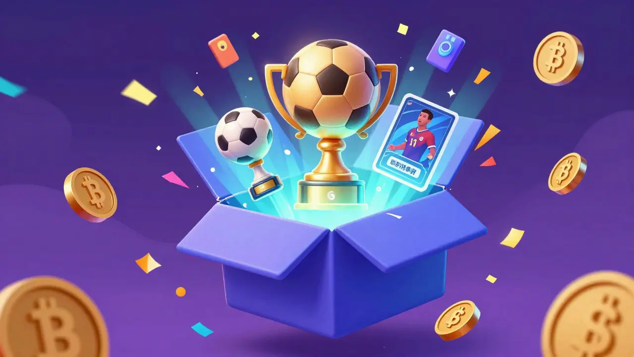 Magical digital mystery box opening to reveal shiny soccer-themed NFT rewards
