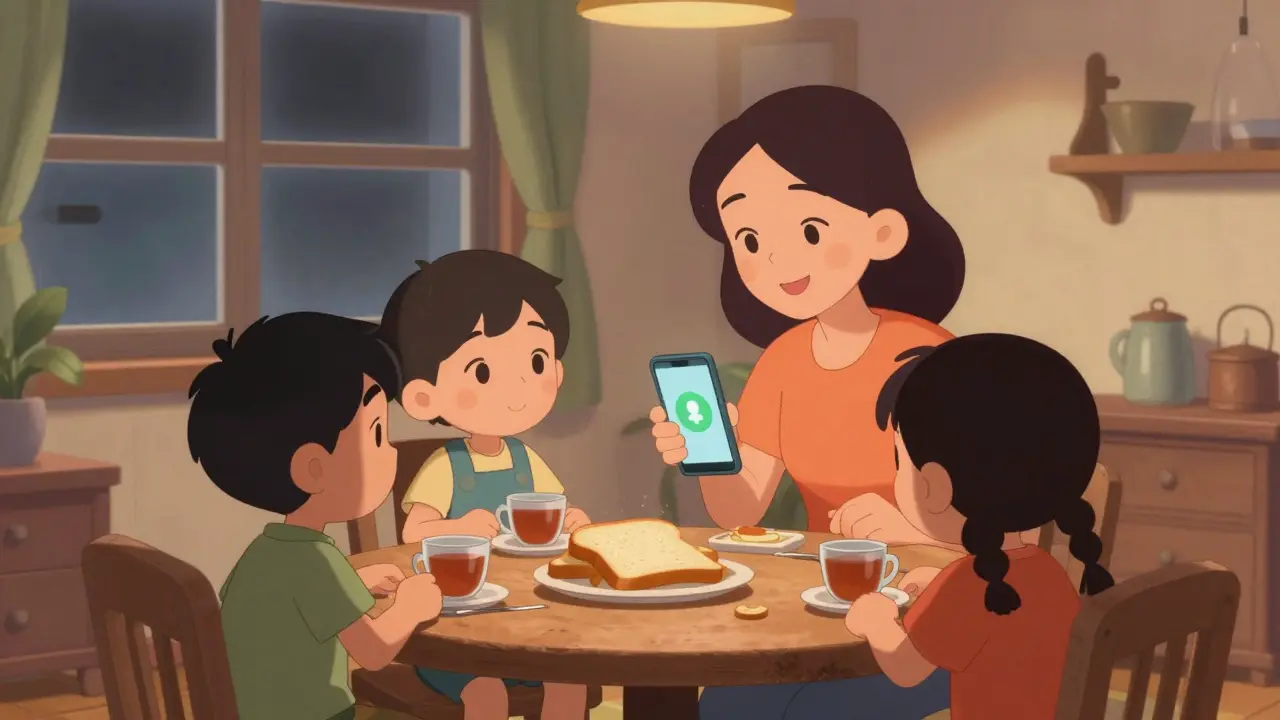 Mother sharing news of crypto remittance with family