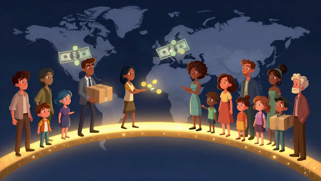 People sending money globally via a glowing bridge of stablecoins over a world map