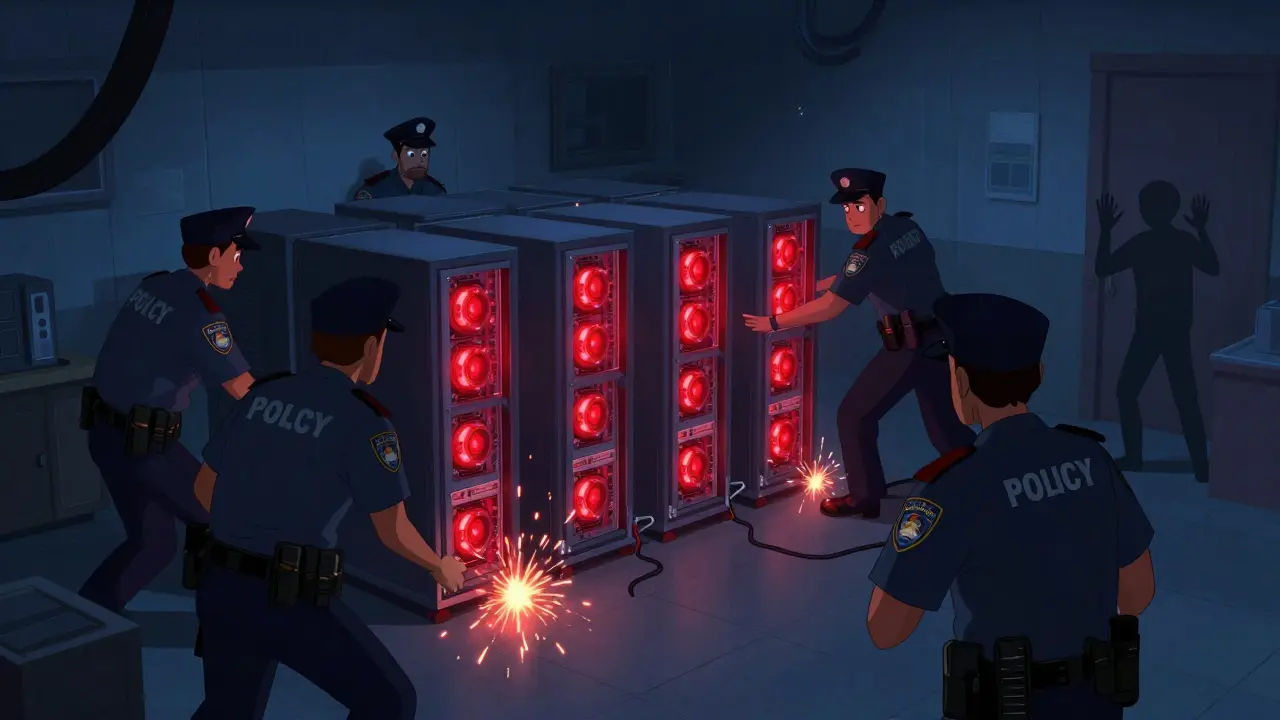 Police raiding an illegal cryptocurrency mining farm in a dark room