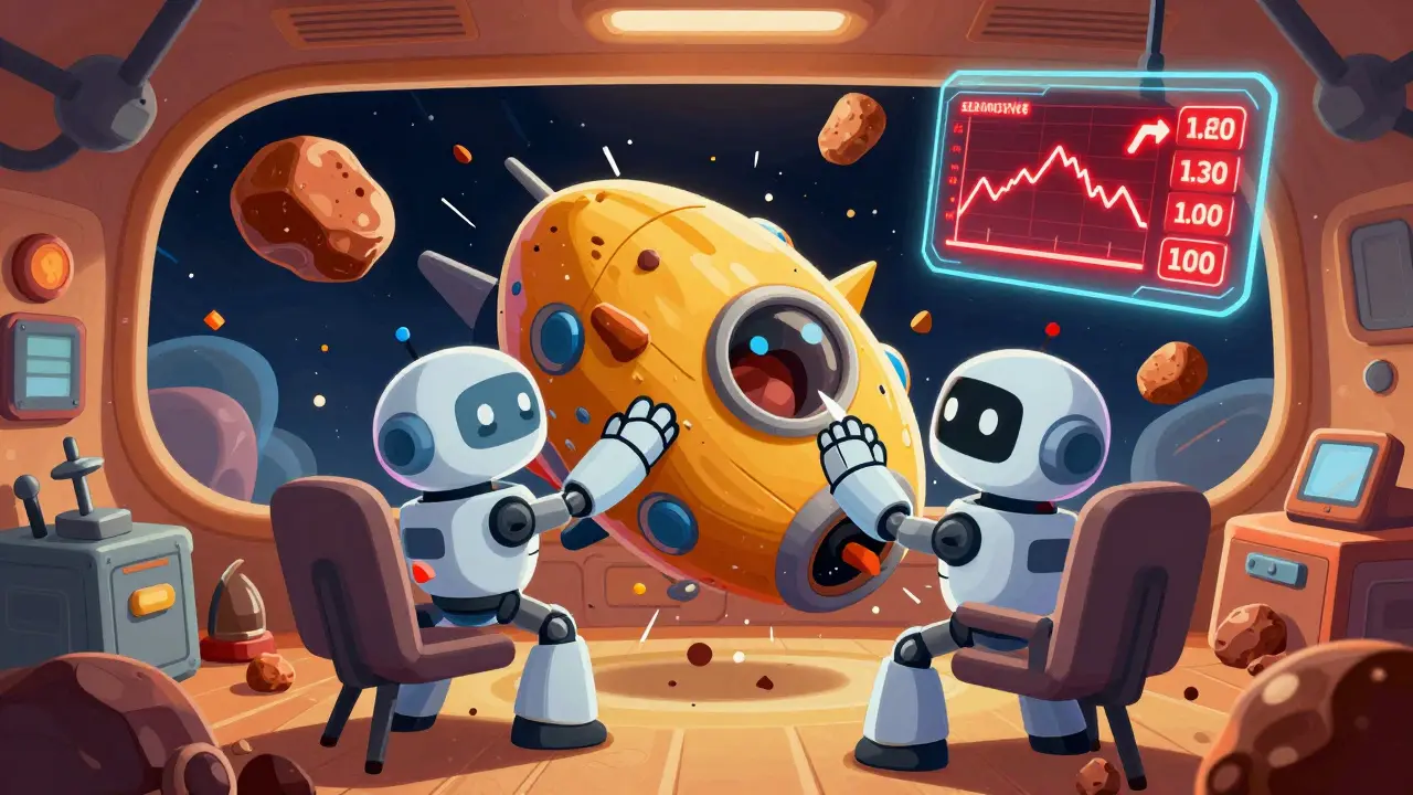 Robots piloting a ship amidst crashing crypto charts