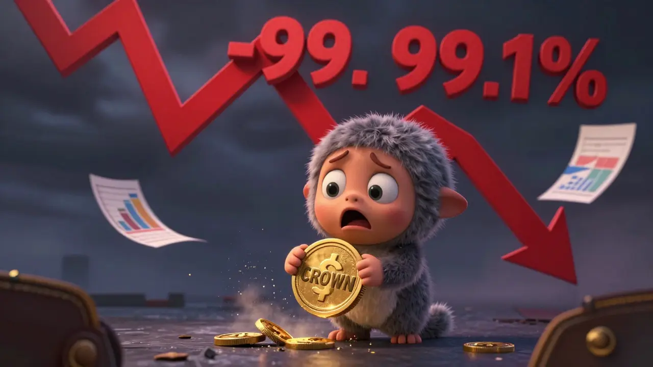 Sad cartoon alien watching golden coins crumble as a red graph arrow points down sharply.