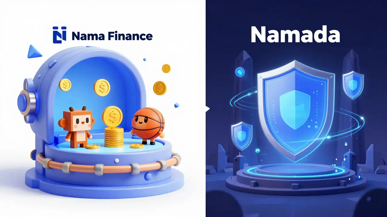 Split illustration showing NFT lending vault versus privacy shielded fortress