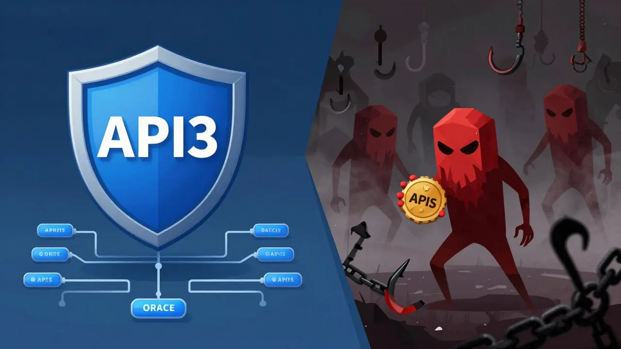 Split image contrasting safe API3 network with shady APIS scam figures