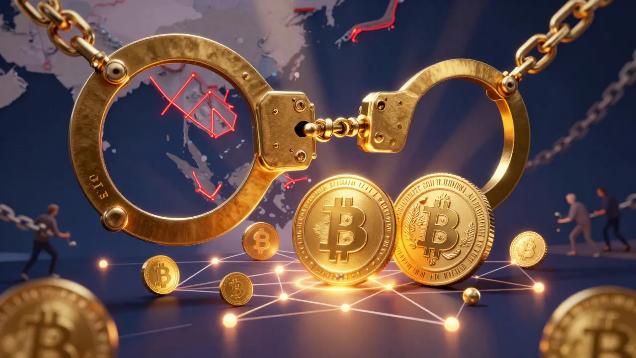 Symbolic artwork of US sanctions clamping down on criminal crypto networks and forced labor.