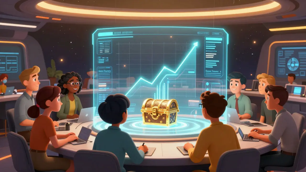 Team viewing holographic data of game treasury revenue