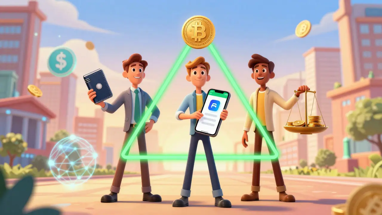 Three characters representing crypto, CBDC, and stablecoins connected in a harmonious financial future.