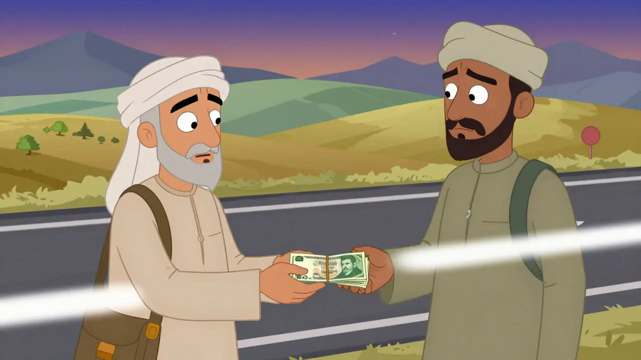 Trader exchanging cash for crypto near border in cartoon style